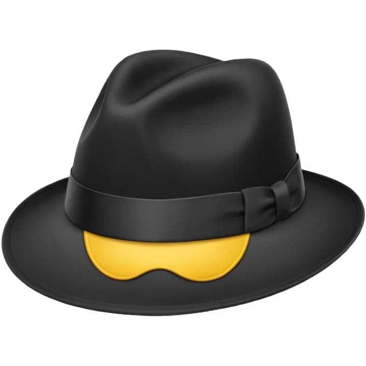 Black fedora hat with wide brim and ribbon, realistic, isolated, transparent background, emoji style emoji