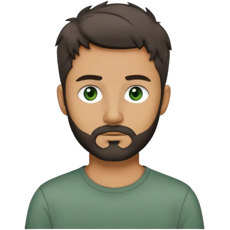 man with dark messy short hair, dark green eyes, gray T-shirt, and short beard emoji