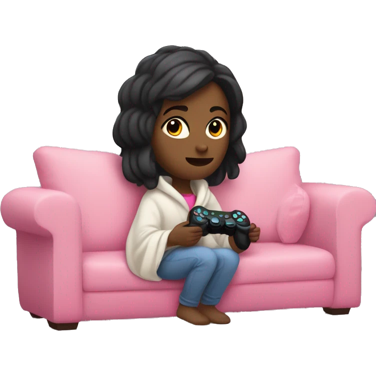 White girl with dark hair wrapped up in a blanket sitting on a couch with a pink gaming controller in her hands emoji
