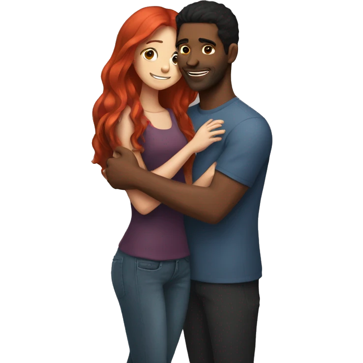 A girl with long red hair hugs a black-haired guy emoji