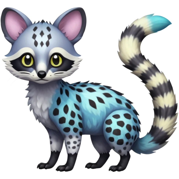Rare iridescent white exotic epic aesthetic colorful Trico-Genet-Civet-species-Fakemon-hybrid-creature, with intricate markings, full body emoji