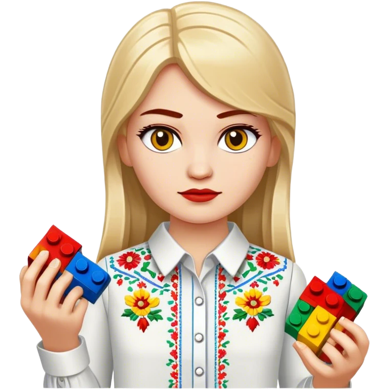 A Ukrainian girl in an embroidered shirt holds Lego bricks emoji