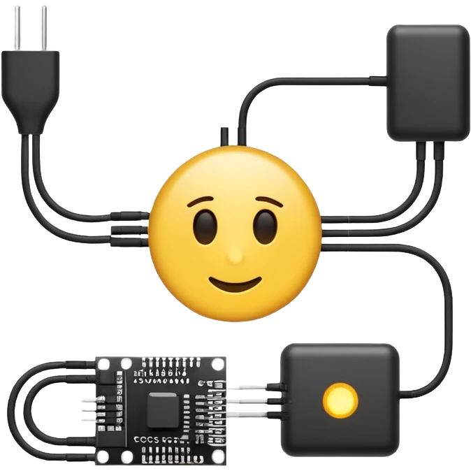 simple emoji-style schematic of physical computing with a microcontroller chip at the center connected by lines to a sensor, an LED, and a small motor in a logical circuit layout, clean and minimal emoji