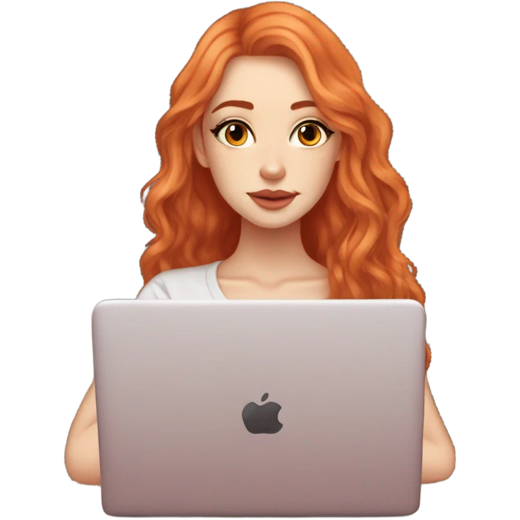 Long wavy red orange hair orange brown eyes beautiful face thick eyelashes pink lips gorgeous skinny fair skin white aesthetic tall girl working on laptop cozy emoji