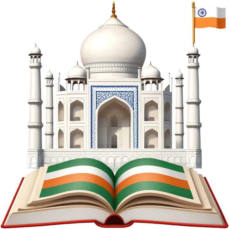 An icon featuring the Taj Mahal and the flag of India, symbolizing the Hindi language. The design includes an open book with hindi text, representing language learning and cultural richness. Transparent background highlights the heritage of India. emoji