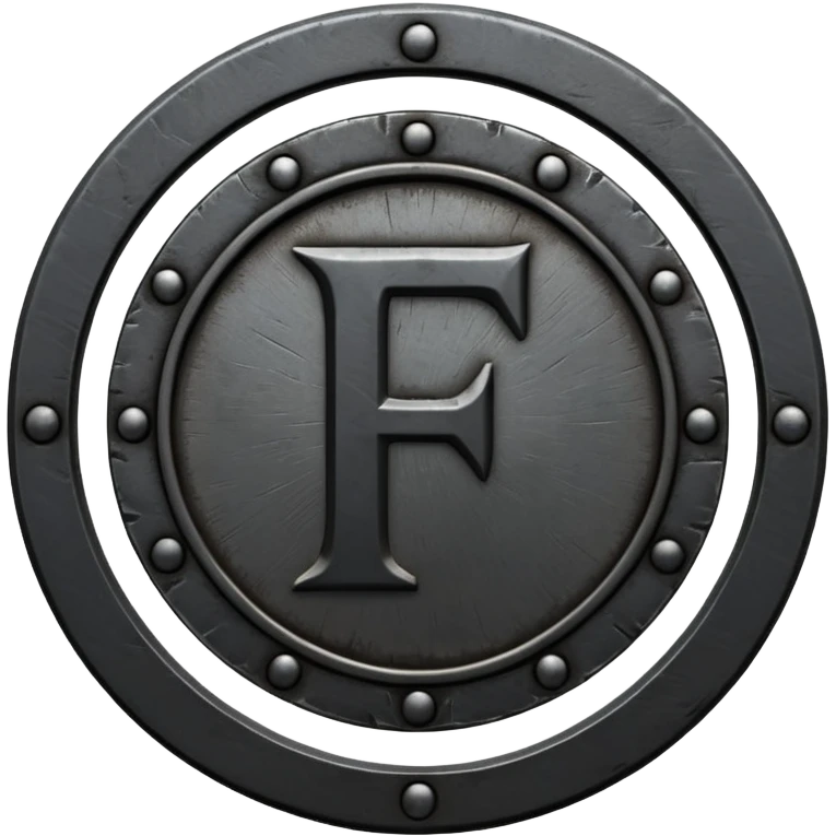 Minimal emoji, gothic metal coin made of black steel, engraved number f at the center, ancient industrial aesthetic, worn metal texture, no glow, no neon, flat emoji design, centered, transparent background emoji