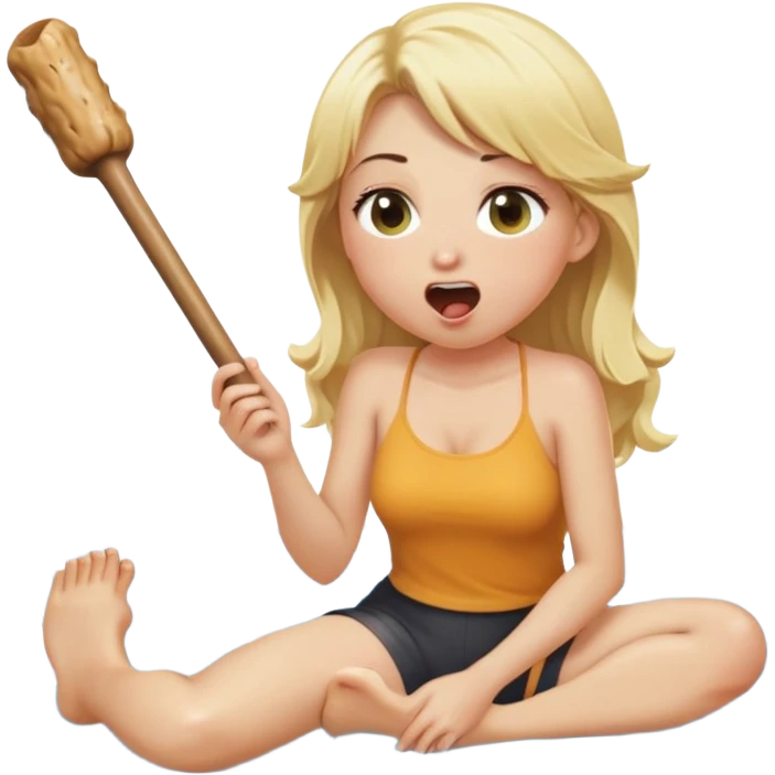blond woman sitting on her knees, eating a wide stick with a half-round D-shaped knob, both the stick and knob are the same color as her skin, the knob has visible skin texture, water stream squirting from the flat side of the knob into her open mouth, surprised expression emoji