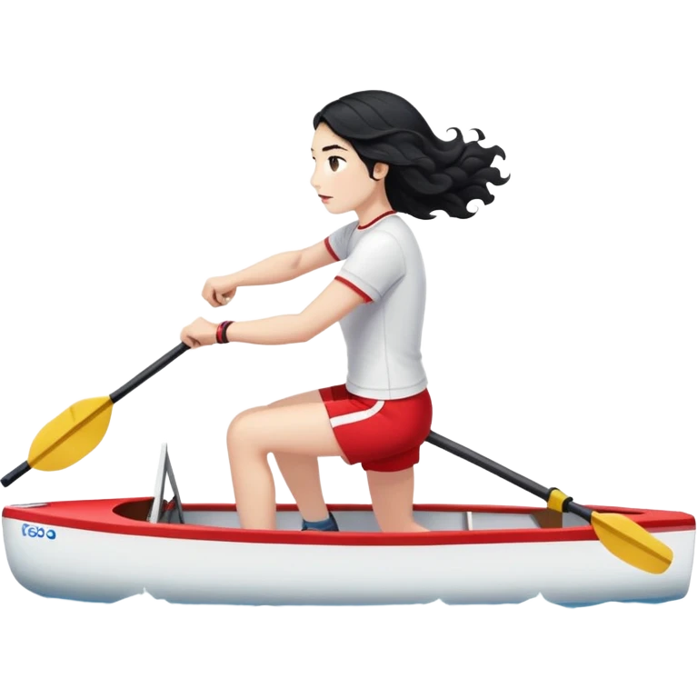 girl with long black wavy hair, white skin, wearing red shorts and white short-sleeve t-shirt, doing Olympic rowing in a long thin racing boat, facing fully right, slightly from a distance emoji