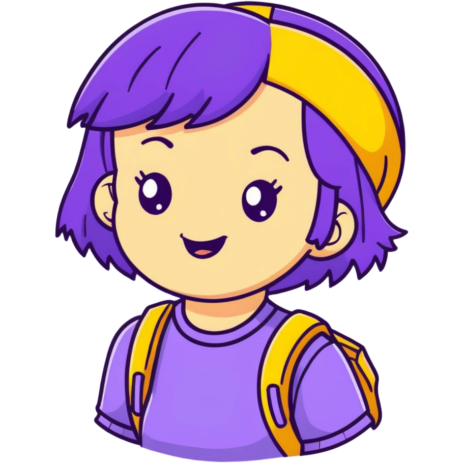 A cute girl with purple hair and a cheerful expression emoji
