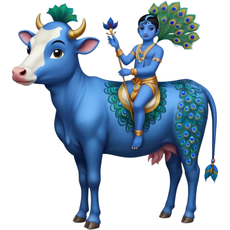 Krishna standing with a cow, blue skin, peacock feather emoji