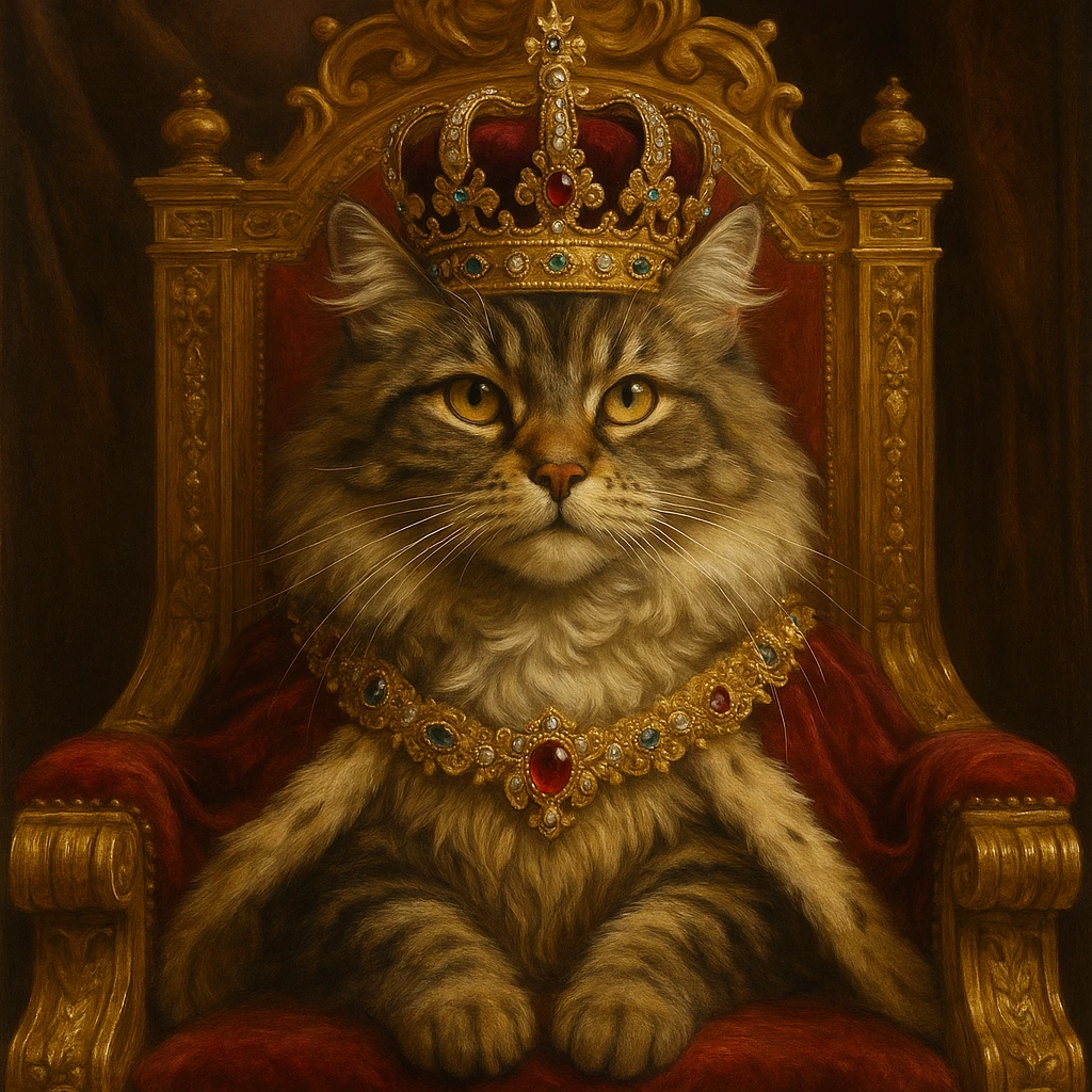 queen cat, majestic feline with jeweled crown, sitting on a throne, luxurious details emoji