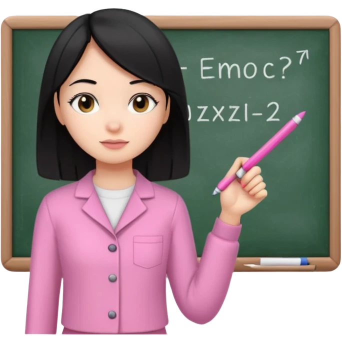 a girl with black straight like hair wearing pink not hot pink 2 piece set teaching up on a board emoji