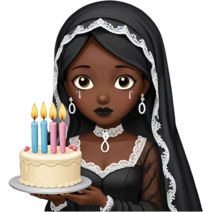 Emoji-style illustration of a cute sarcastic woman, black mourning dress and veil, holding a birthday cake with number 29 candles, ironic expression, RIP 20s theme, flat design, bold outlines, pastel gothic colors, high resolution, clean background, perfect for profile picture emoji