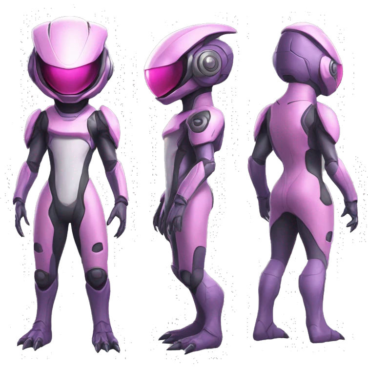Lizard-Reptile-Raptor-Alien-Genesect-Mewtwo-Fakémon, with pink eyes, with a futuristic visor-helmet, wearing a techwear-suit, Full Body emoji