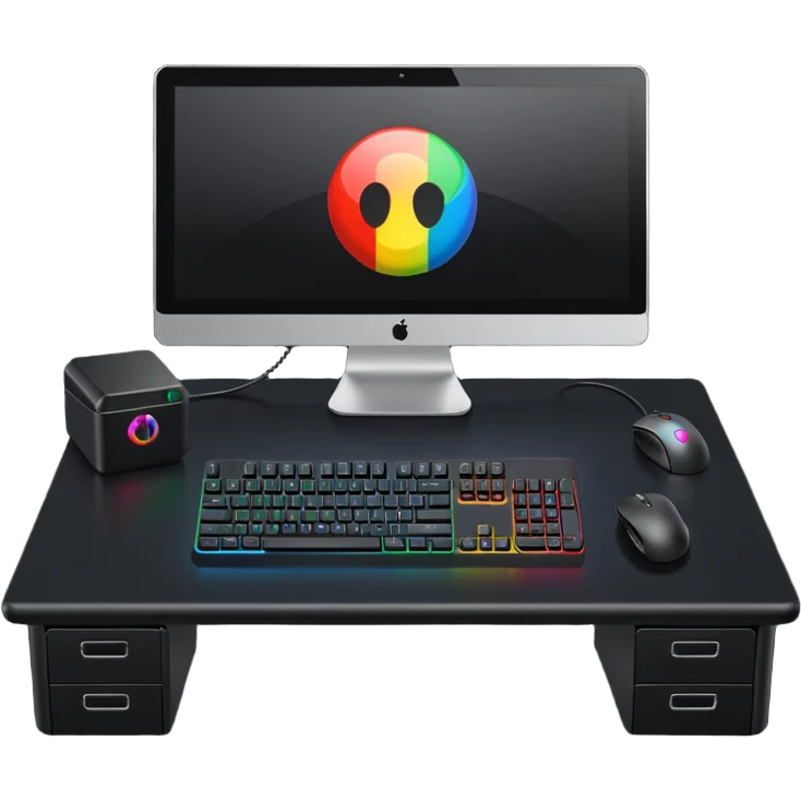 rgb gaming computer on black desk with a black keyboard and mouse emoji