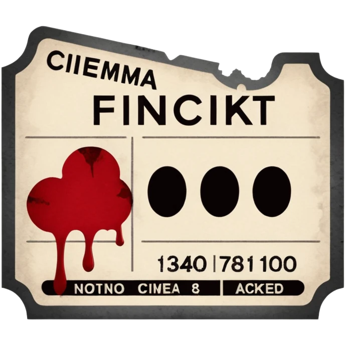 Minimalist emoji-style sticker of an old torn cinema ticket, no text, blood-stained edges and burn holes, grayscale paper

 emoji