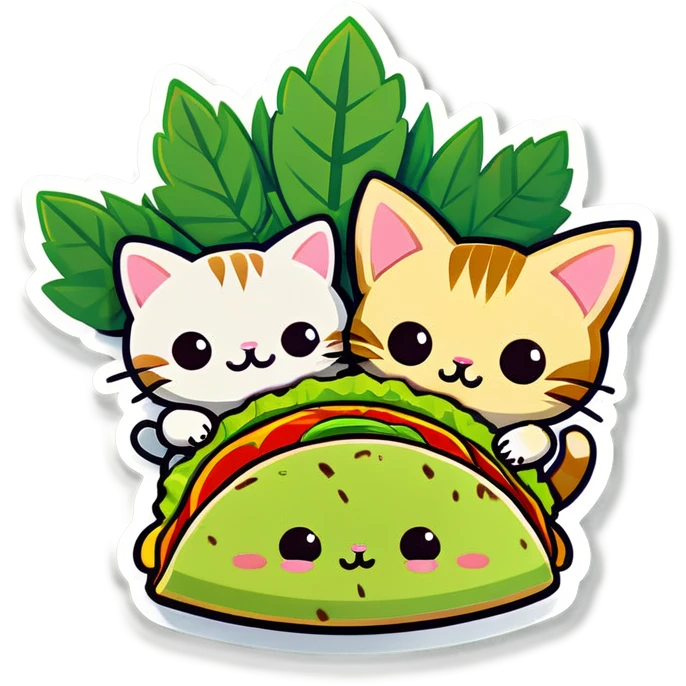 Kawaii Cannabis leaf and kittens eating tacos kawaii style  emoji
