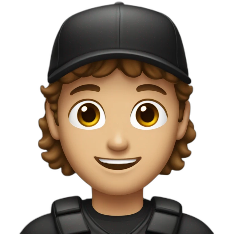 Lady brown haired man, light stubble with black baseball cap, happy emoji