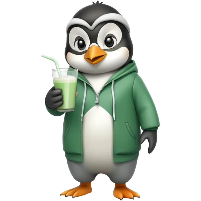 full body portrait of a friendly anthropomorphised penguin wearing a green mafia-style tracksuit, angry, confident scheming stance, holding a glass of milk emoji
