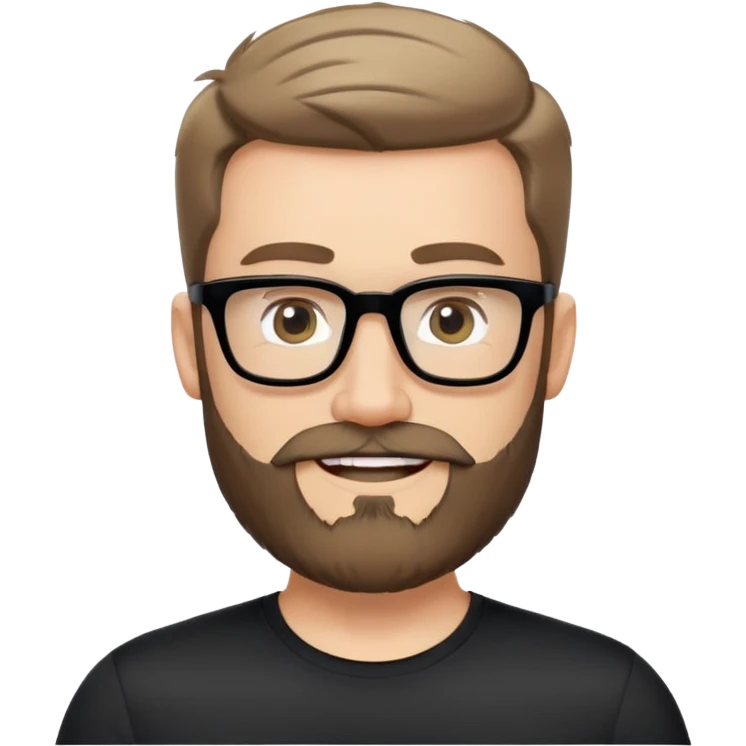 Caucasian man with complete beard, short hair styled up, large black eyeglasses, cheerful expression, black athletic shirt emoji