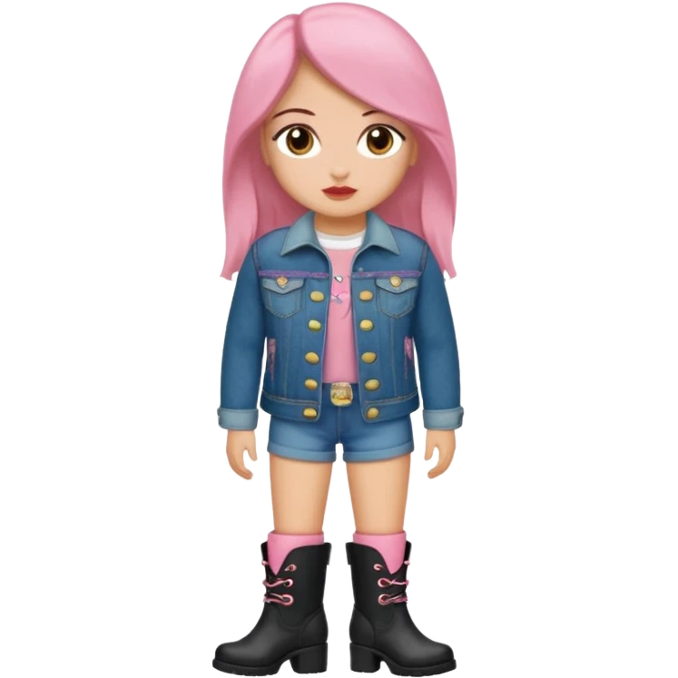 Gordita, ojos pequeños de color cafe oscuro, labios pequeños y rosados, piel trigueña, orejas pequeñas, cabello largo lazio y negro, pequeña. cuerpo completo. vestida con saco jean y botas emoji