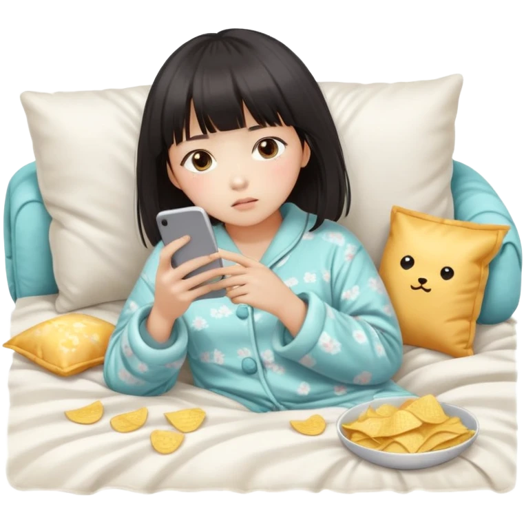 Cute East Asian girl, soft fair skin, straight bangs, messy inward bob. Wearing fluffy pajamas, lying on couch under blanket, holding chips and phone, expression blank and tired. emoji