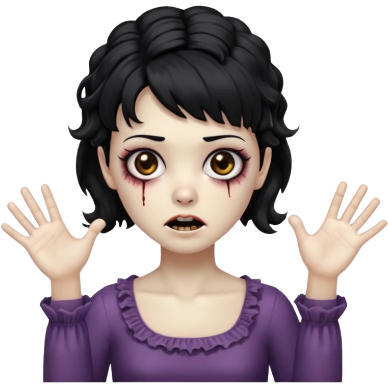 Cabelo ondulado  um pouco cheio e franja curta  Olhos marrons e pequenos e feita d ezumbi mais bonita com cabelo amarro na e com as mãos assim tipo assim🧟‍♀️ emoji