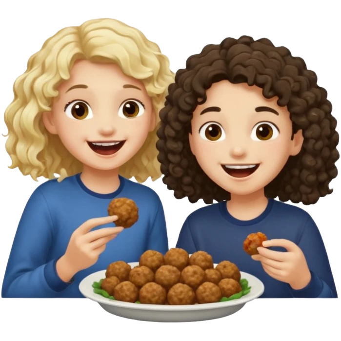Ragazza bionda leggermente riccia e lunghi che ride ad un ragazzo con i capelli ricci scuri mentre mangia polpette emoji