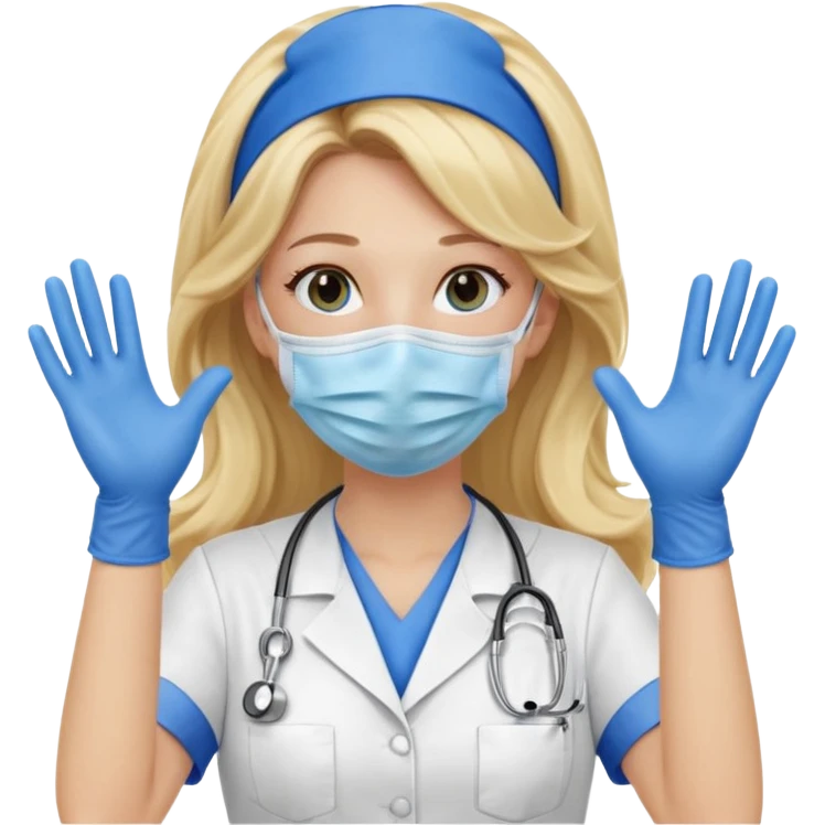 enfermera rubia con pelo largo sin balaca en el pelo, con mascarilla y guantes azules las dos manos arriba emoji
