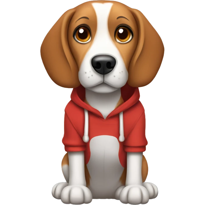 Beagle with brown ears and nose, whose body is a bit grey wearing a red hoodie which says hugs on it  emoji