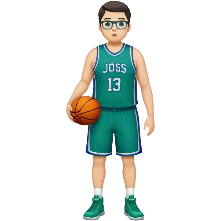 Full Body tall plus size white male with dark short hair basketball player wearing glasses wearing blue green uniform emoji