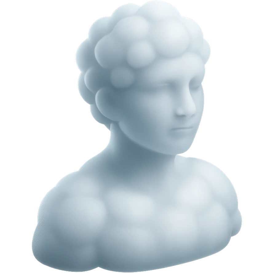 person looking straight, made entirely of white fluffy convex clouds, shoulder up, matte glass style, clouds more rounded, no background emoji