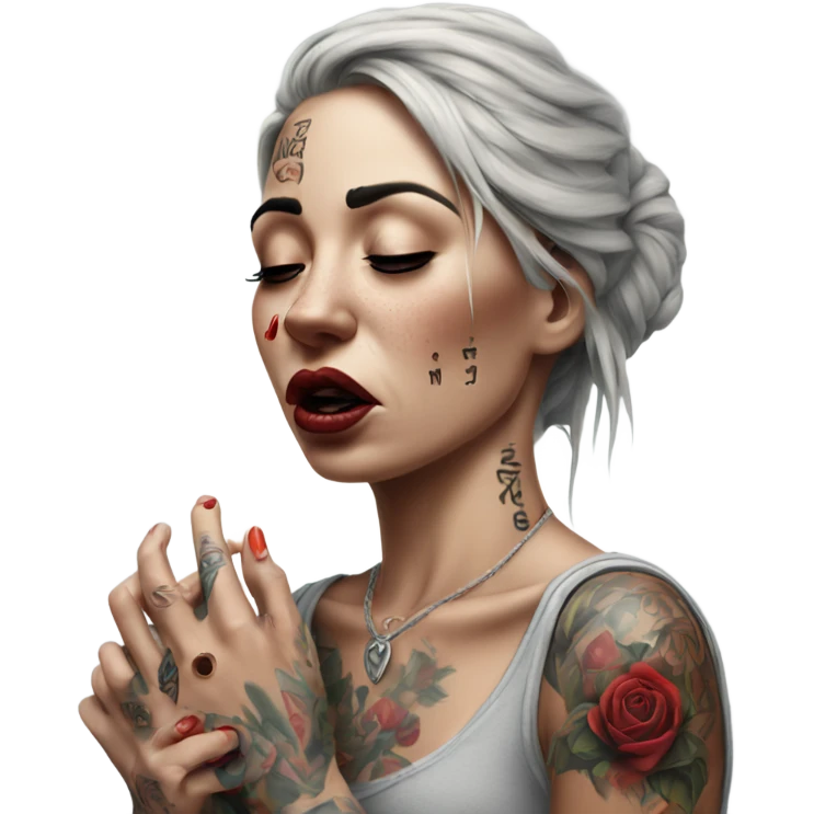 Hyper Realistic Beautiful tattooed woman crying holding a broken heart emoji