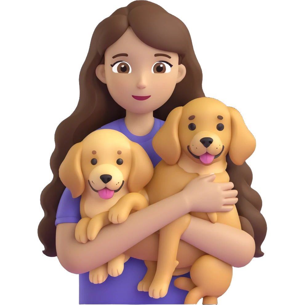 woman with long brown hair holding a golden retriever dog in her arms emoji