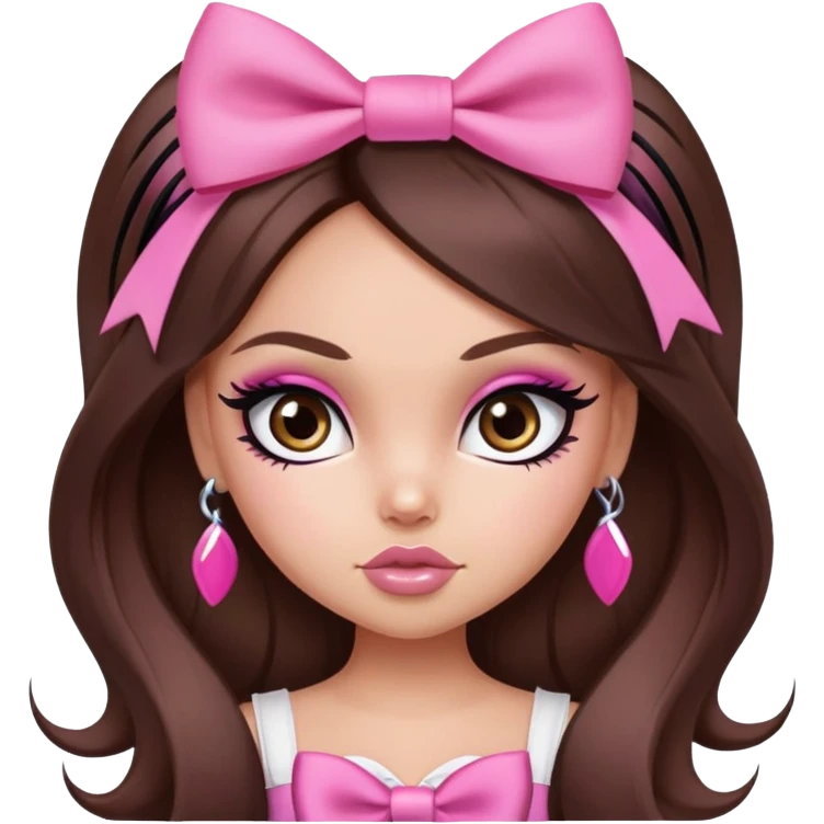 pretty bratz baddie, pink bow long hair brunette baddie with eyeliner and brown eyes emoji