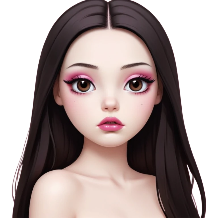 girl with white skin, dark brown long realistic straight hair with middle part prominently falling in front of her body over her shoulders, very big pouty extremely glossy ultra-shiny lips with nude reddish-pink lip gloss and absolutely no cupid's bow, big round eyes with very black shiny eyeballs and huge eyelashes, no eyeshadow, pink blush on cheeks, lighter button nose, extremely long oval-shaped face, wearing a pink off-shoulder top, looking directly at camera with hands down at sides emoji