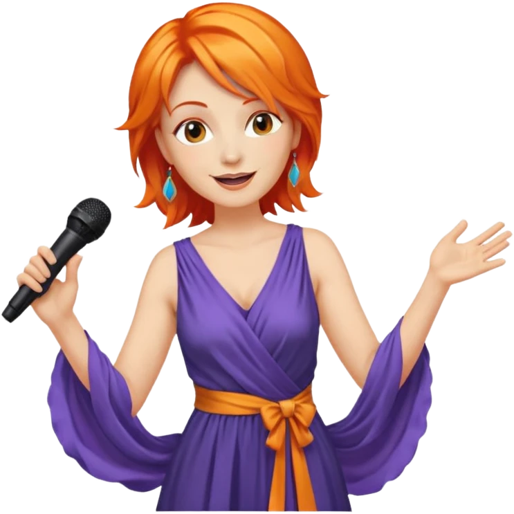 singer, Middle age, orange hair, happy, holding mic, wearing dress emoji