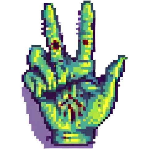 zombie hand making the peace sign, pixel art style emoji