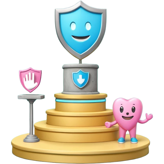 Minimalist 3D emoji-style podium with 2 steps on a green chroma key background. Step 1 (higher) features a handshake icon with blue neon glow. Step 2 (lower) features a smiling tooth with a shield icon and pink neon glow. Clean rendering, soft colors, uniform lighting emoji