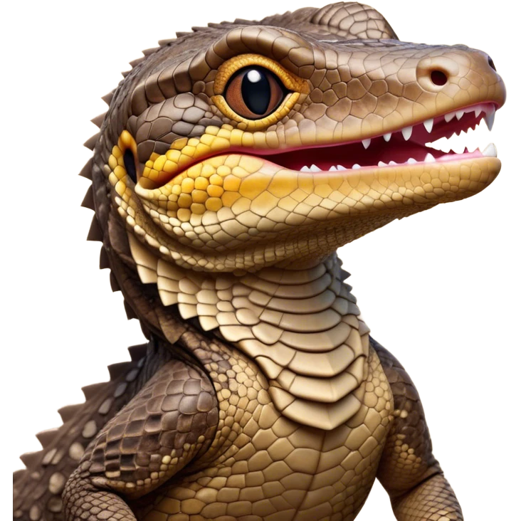 Cinematic Cute Yawning brown camo spotted monitor Lizard Portrait Emoji, Head tilted slightly with a dramatic, wide-open yawn, showcasing textured, patterned scales and sleepy, half-closed eyes exuding relaxed charm, Simplified yet irresistibly adorable features, highly detailed, glowing with a soft, cozy glow, high shine, relaxed yet expressive, stylized with a dash of whimsical wildness, soft glowing outline, capturing the essence of a drowsy yet affectionate reptile that appears ready to stretch out for a nap! emoji