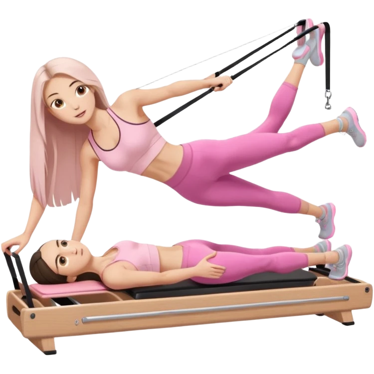 pretty white brunette teen long hair with hazel eyes and a small waist in light pink workout clothes in a plank on a pilates reformer emoji