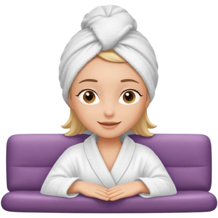 spa A contented and relaxed girl with a towel on her head in a white robe lies on a couch emoji