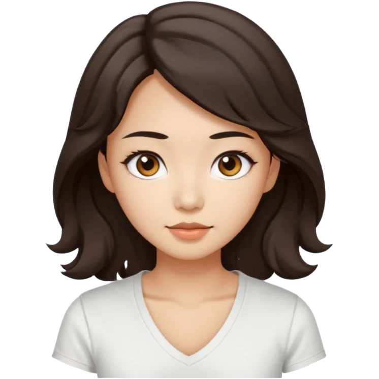 iOS style emoji. A girl with very long dark brown wavy hair. And the eyes color is dark brown. And she is wearing white t shirt with V kneck. And she is 30. She is Asian with double eyelids  emoji