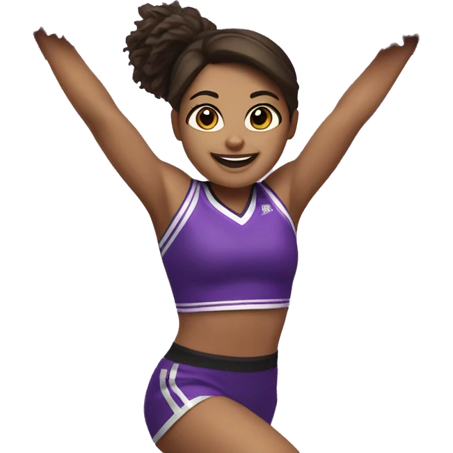 Caucasian cheerleader with dark brown hair, jumping and holding up two purple Pom poms emoji