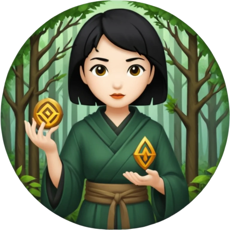 east asian forest mage woman short black hair rune emoji