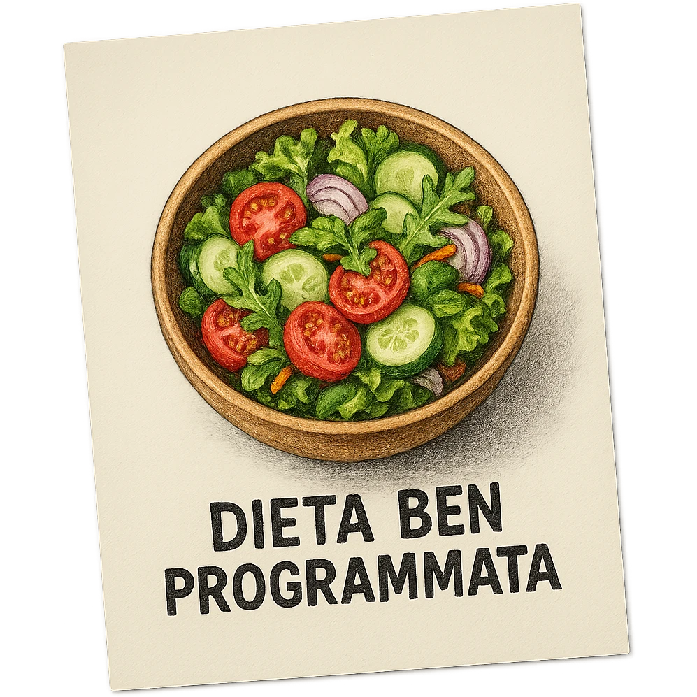 hyperrealistic 4K image of a sheet of paper seen from above with a bowl of salad drawn and the text 'DIETA BEN PROGRAMMATA', no background emoji