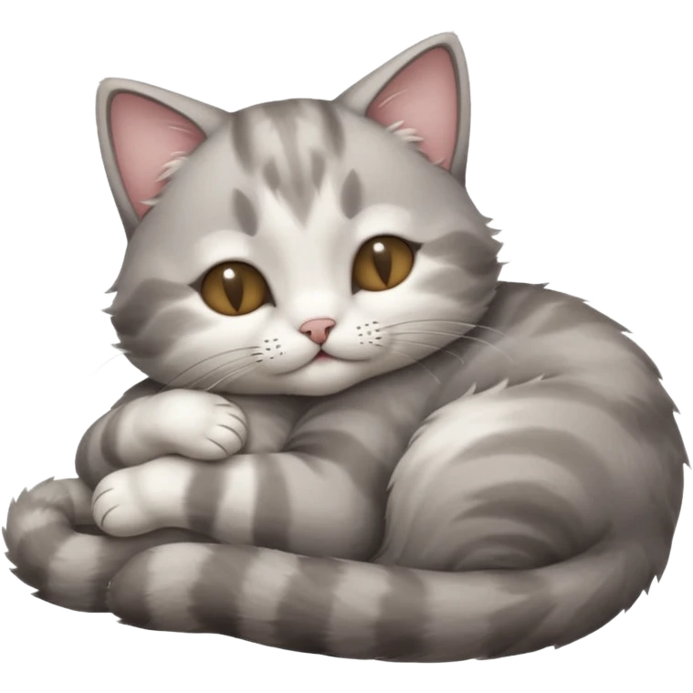 1 grey and white small cat with its eyes closed lying down leaning on his elbow with his paw curled under his head holding it up emoji