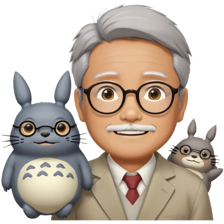 _cinematic-realistic-portrait-of-hayao-miyazaki,-depicted-with--large-rectangular-glasses,-his-happy-expression-rendered-in-lifelike-detail,-illuminated-with-soft,-realistic-lighting-that-emphasizes-his-creative-genius, with totoro sitting on this shoulder  emoji