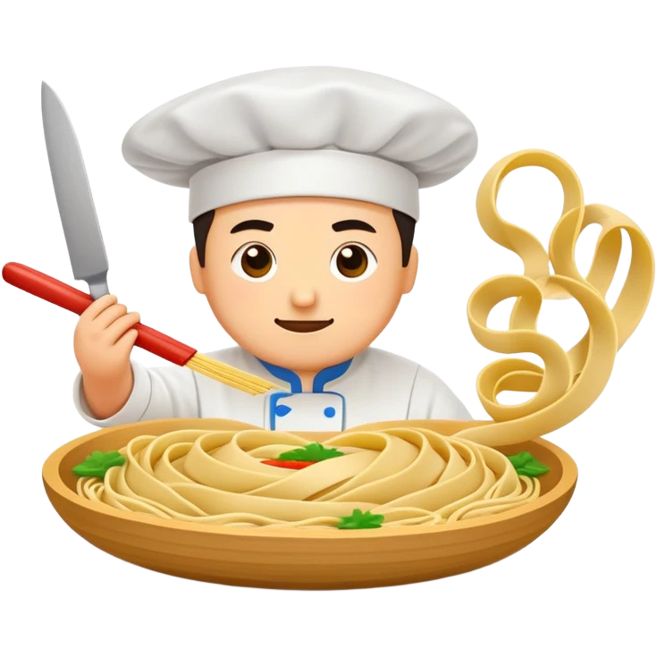 Shanxi knife-cut noodles with chef slicing dough, simplified emoji style with bold outlines and bright colors, cartoon style flying noodle strips emoji