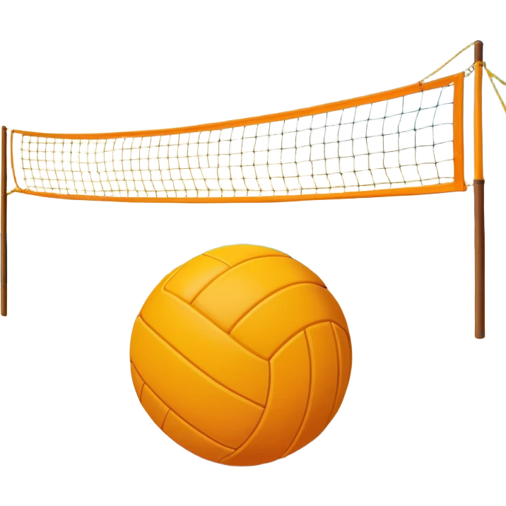 A volleyball resting on the yellow sand on a beach, with the net in the background and a scenic view of the ocean and sky. The scene captures the relaxed yet competitive vibe of beach volleyball, with warm sunlight and the natural beauty of the beach. emoji
